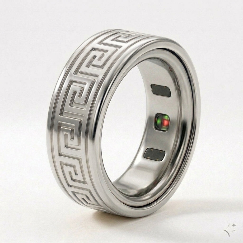 Greek Key Engraved Gold Cover for Oura Ring, in 14K White Gold | RockHer