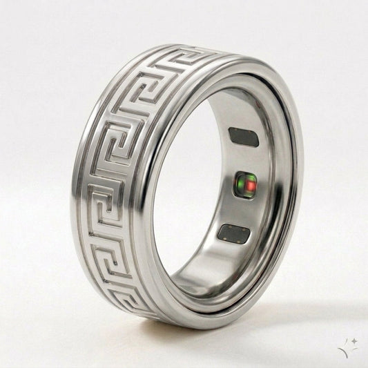 Greek Key Engraved Gold Cover for Oura Ring, in 14K White Gold | RockHer