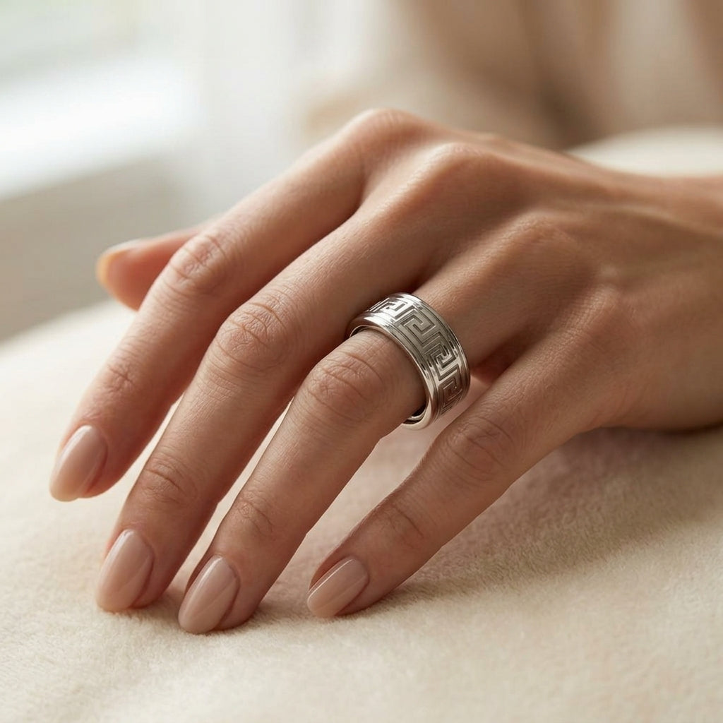 Greek Key Engraved Gold Cover for Oura Ring, in 14K White Gold – lifestyle shot | RockHer
