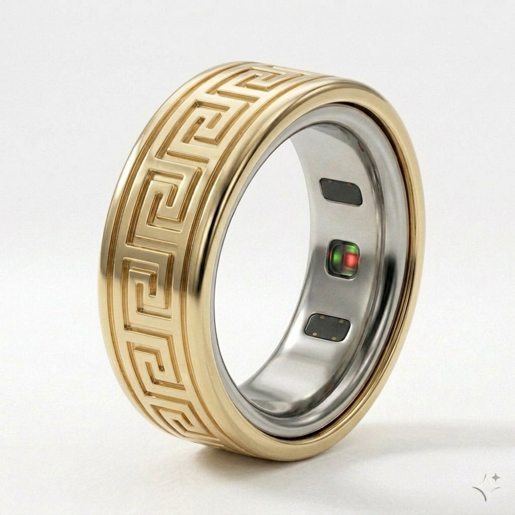 Greek Key Engraved Gold Cover for Oura Ring, in 14K Yellow Gold | RockHer