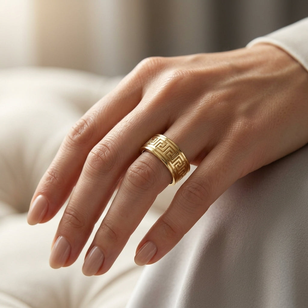 Greek Key Engraved Gold Cover for Oura Ring, in 14K Yellow Gold – lifestyle shot | RockHer