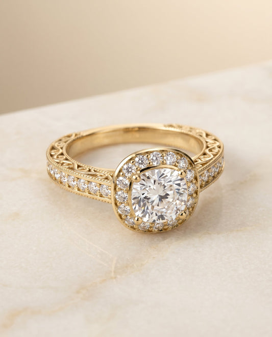 Talea Select Hand Engraved Milgrain Halo Cushion in 18K Yellow Gold – view 1