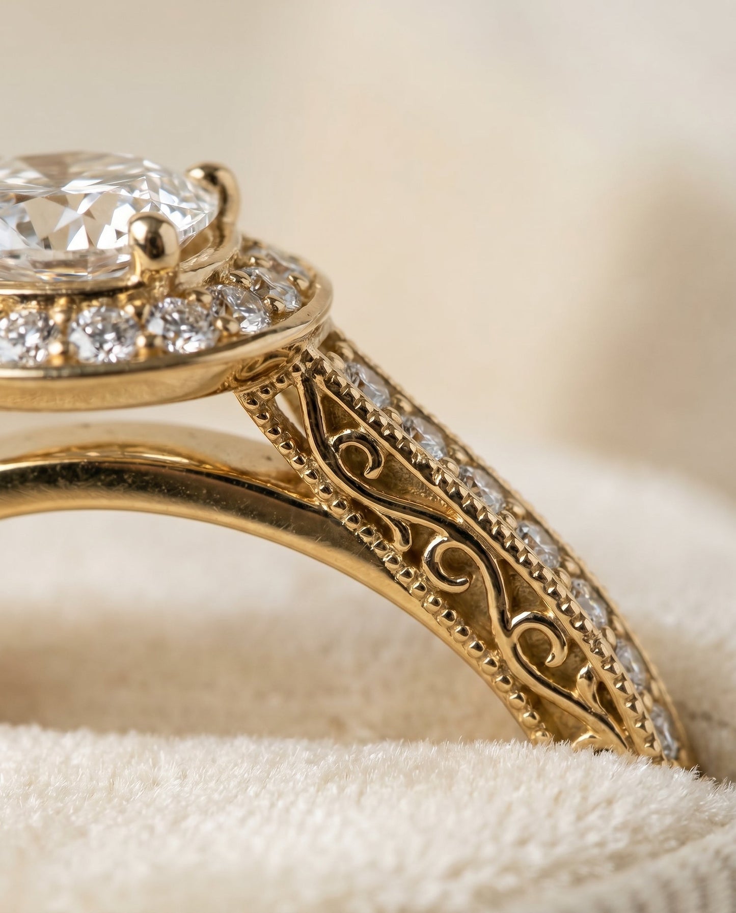 Talea Select Hand Engraved Milgrain Halo Cushion in 18K Yellow Gold – view 4
