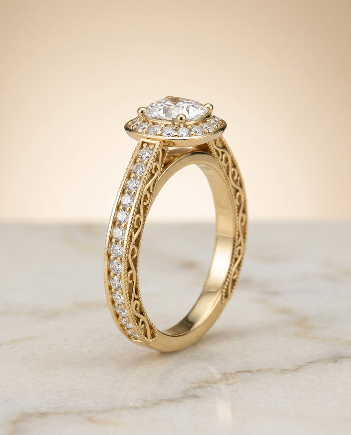 Talea Select Hand Engraved Milgrain Halo Cushion in 18K Yellow Gold – view 2