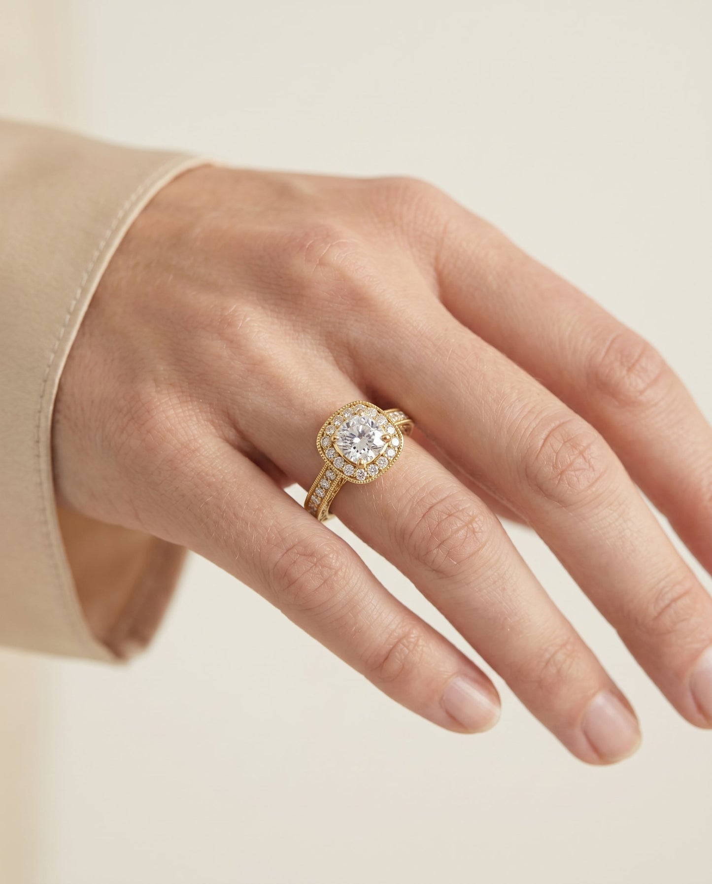 Talea Select Hand Engraved Milgrain Halo Cushion in 18K Yellow Gold – view 3
