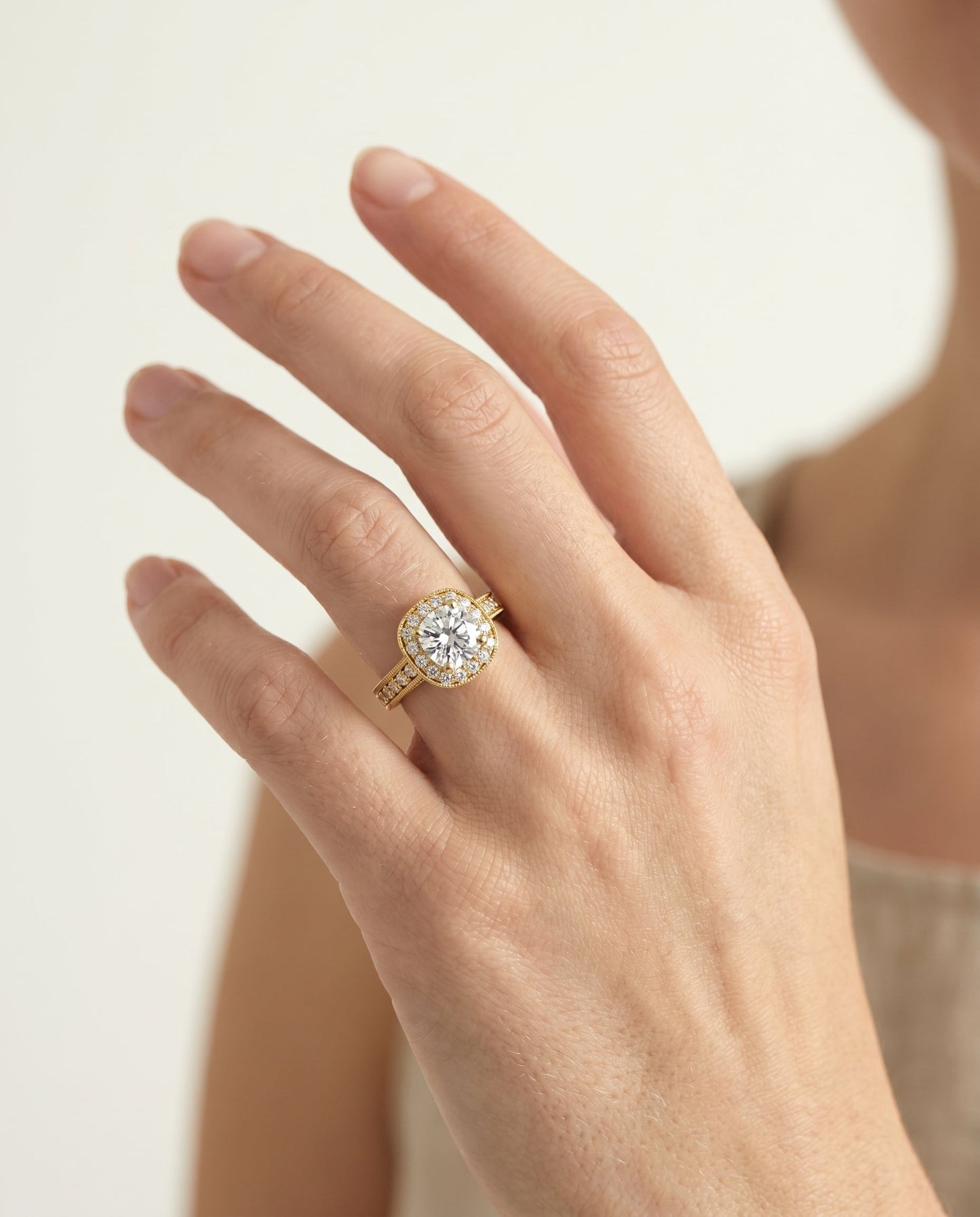 Talea Select Hand Engraved Milgrain Halo Cushion in 18K Yellow Gold – view 5