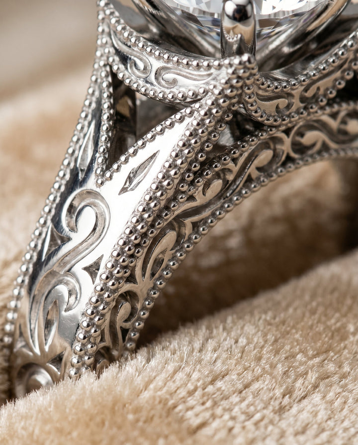 Janis Select Hand Engraved Milgrain Vintage Solitaire Cushion in Platinum – view 4
