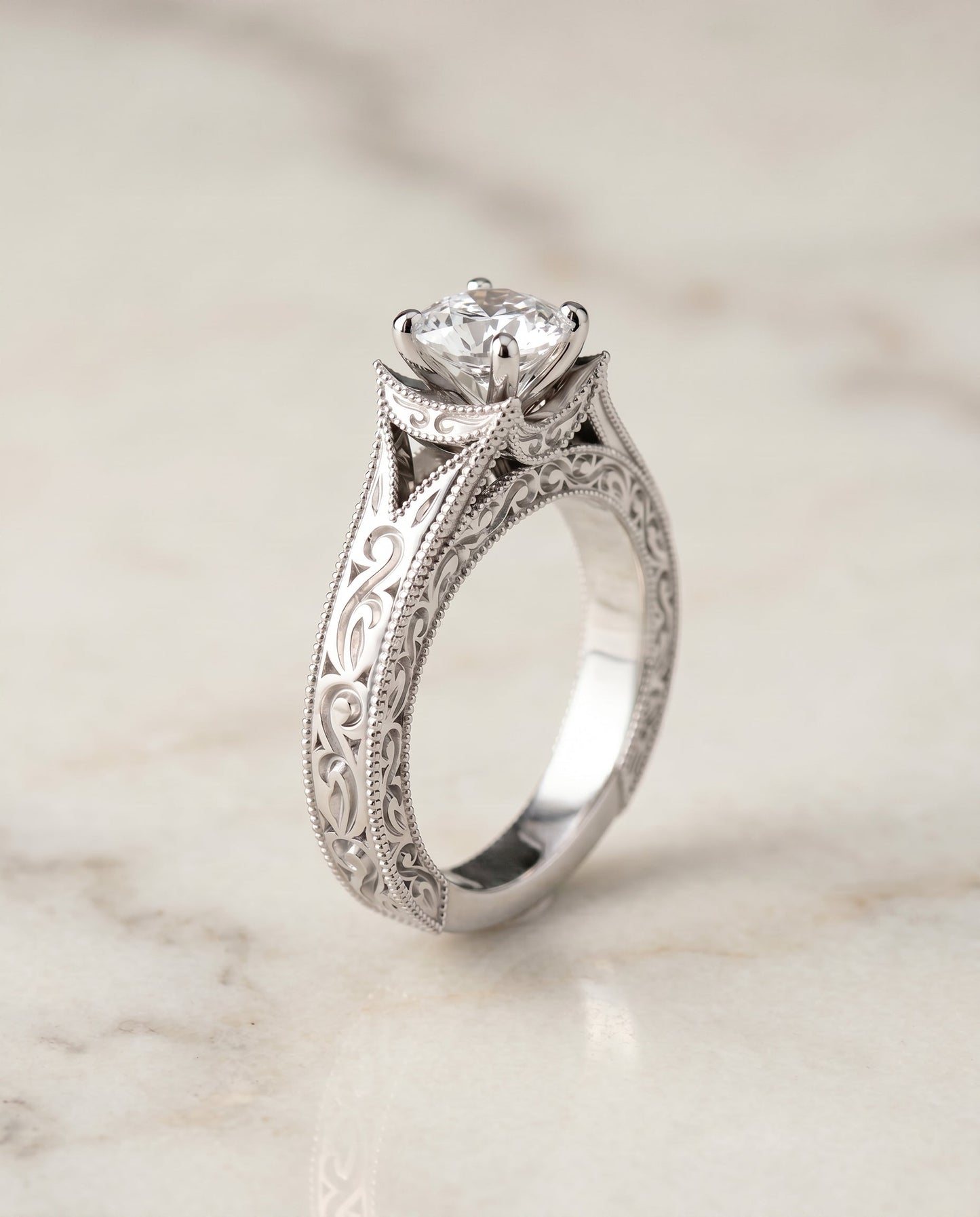Janis Select Hand Engraved Milgrain Vintage Solitaire Cushion in Platinum – view 1