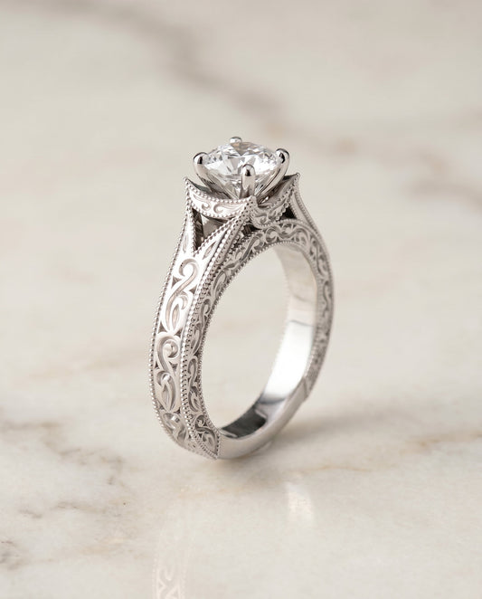 Janis Select Hand Engraved Milgrain Vintage Solitaire Cushion in Platinum – view 1