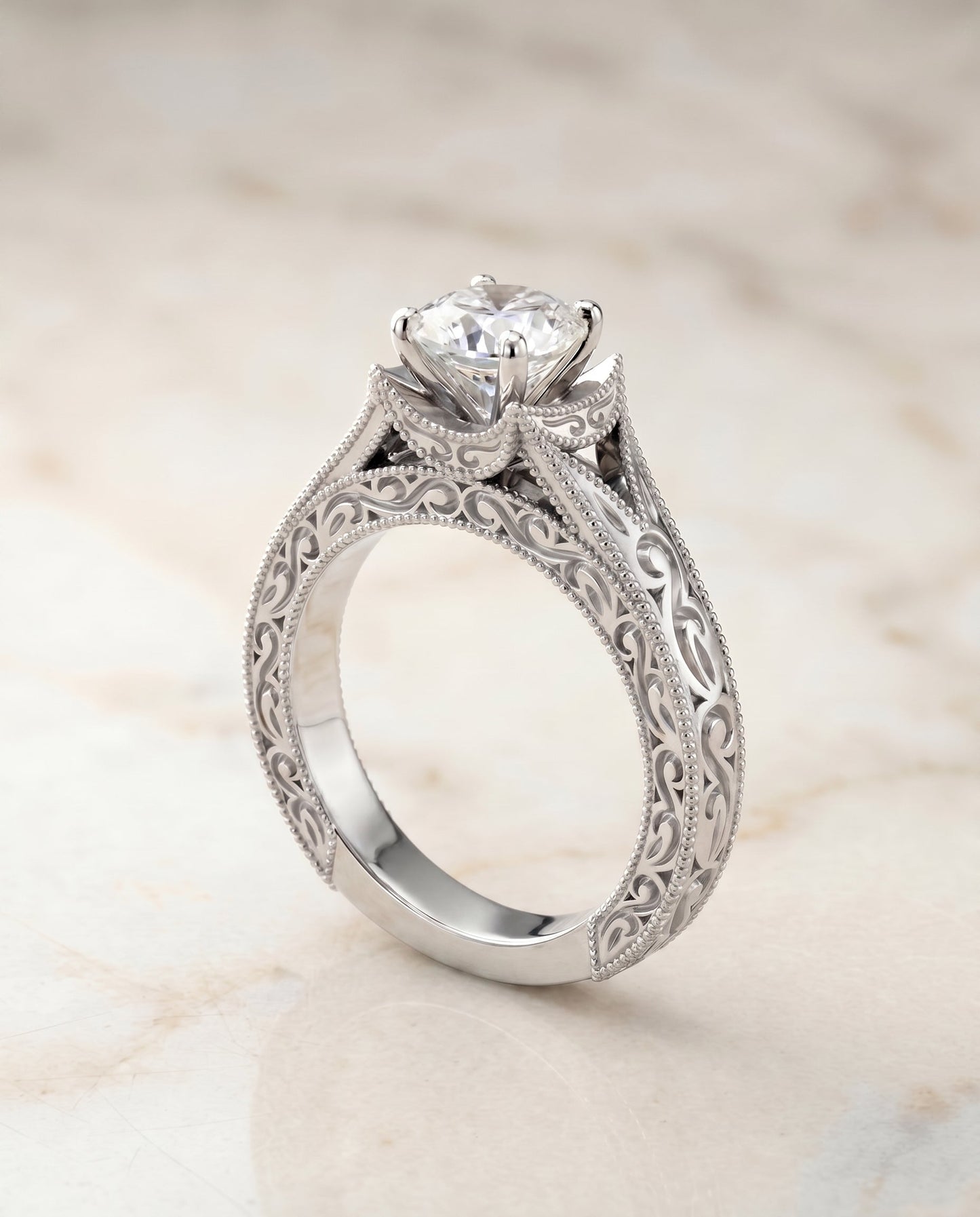 Janis Select Hand Engraved Milgrain Vintage Solitaire Cushion in Platinum – view 2