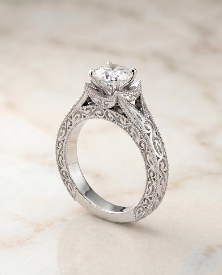 Janis Select Hand Engraved Milgrain Vintage Solitaire Cushion in Platinum – view 2