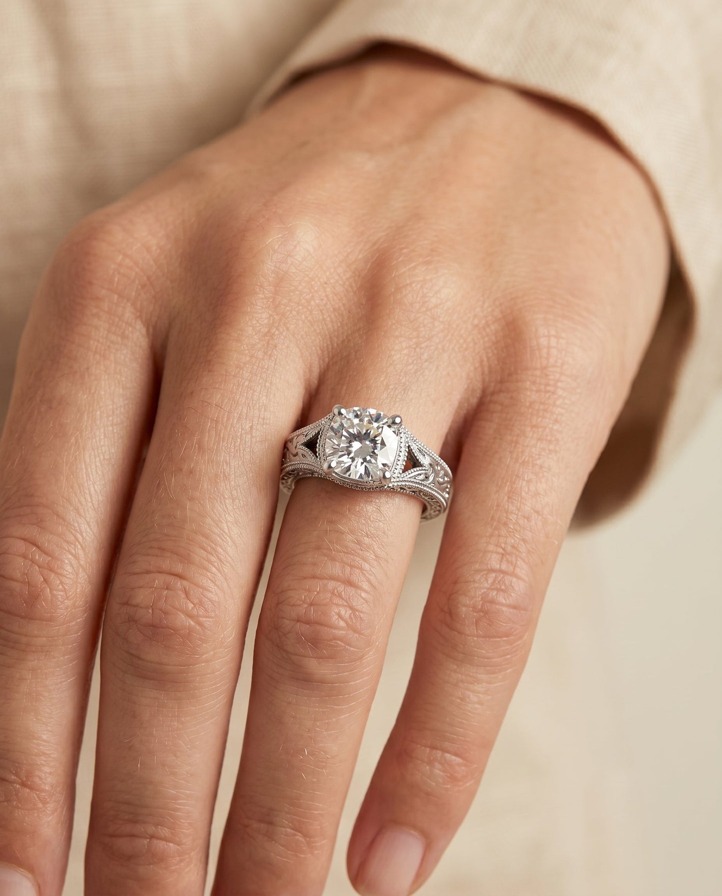 Janis Select Hand Engraved Milgrain Vintage Solitaire Cushion in Platinum – view 3
