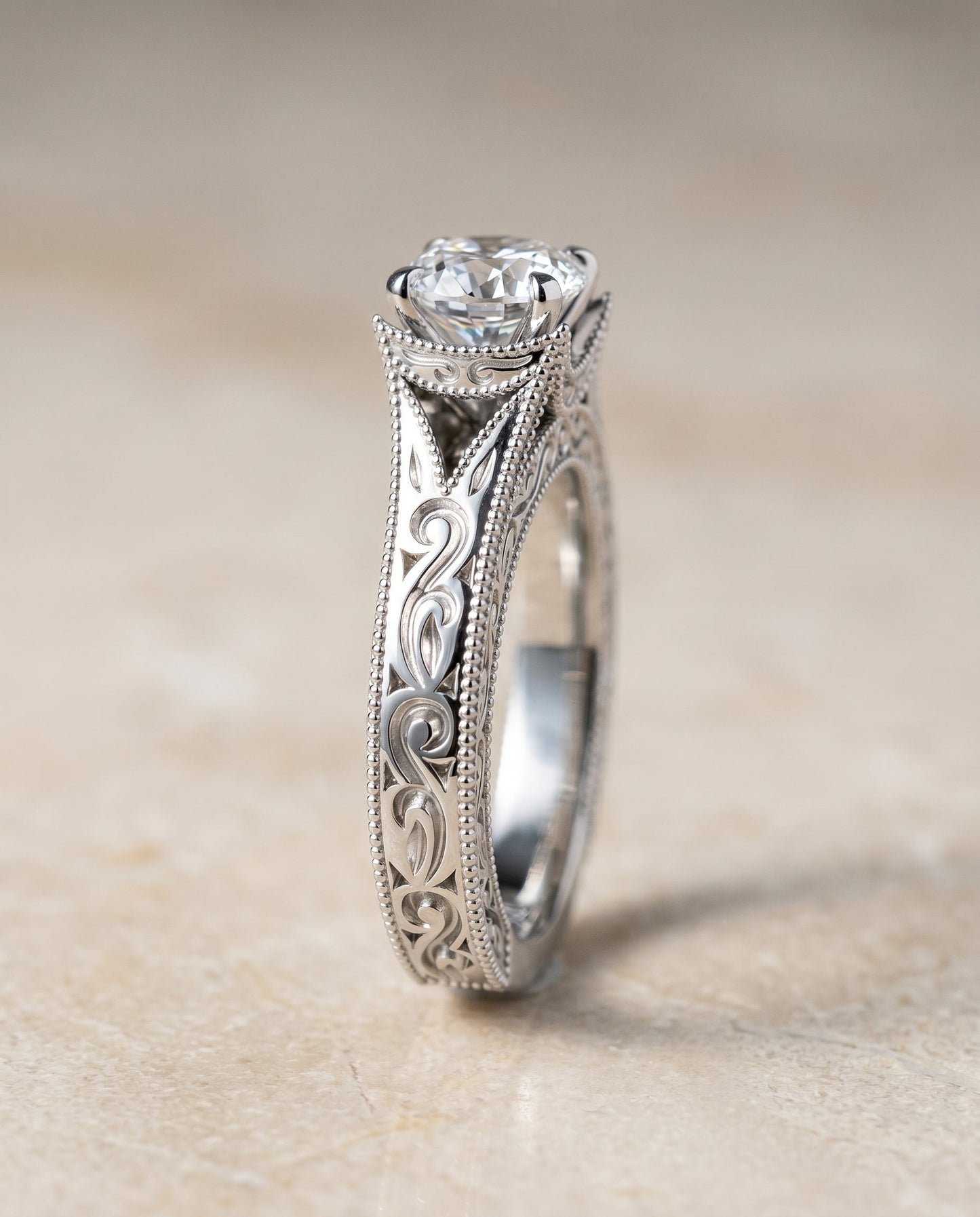 Janis Select Hand Engraved Milgrain Vintage Solitaire Cushion in Platinum – view 5