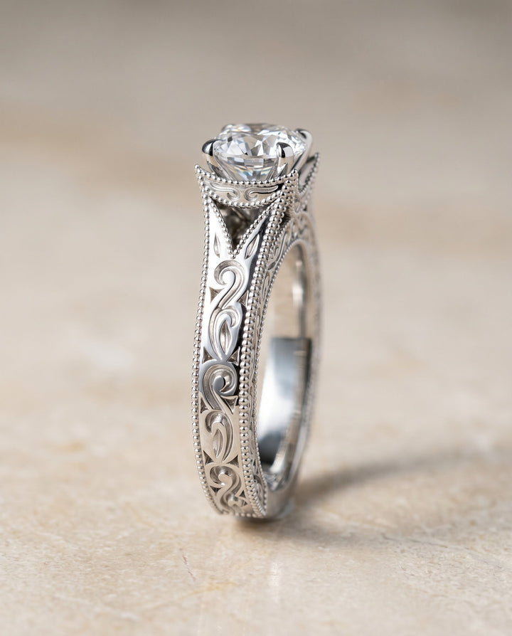 Janis Select Hand Engraved Milgrain Vintage Solitaire Cushion in Platinum – view 5