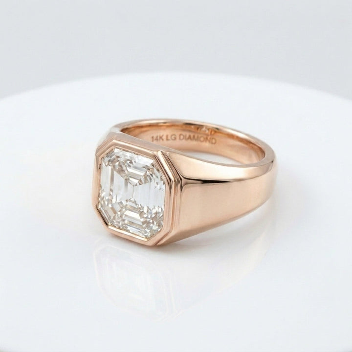 Women's Hexagon lab-grown diamond letter signet ring in 14K Rose Gold, letter J, product photography
