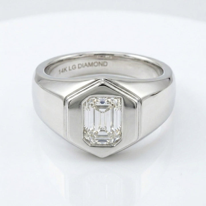 Women's Hexagon lab-grown diamond letter signet ring in 14K White Gold, letter J, product photography