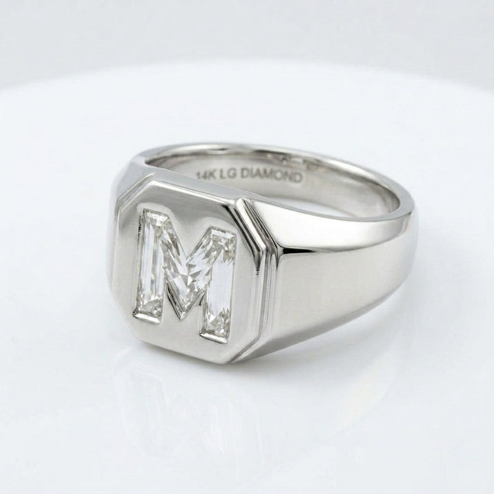 Women's Hexagon lab-grown diamond letter signet ring in Platinum, letter M, product photography