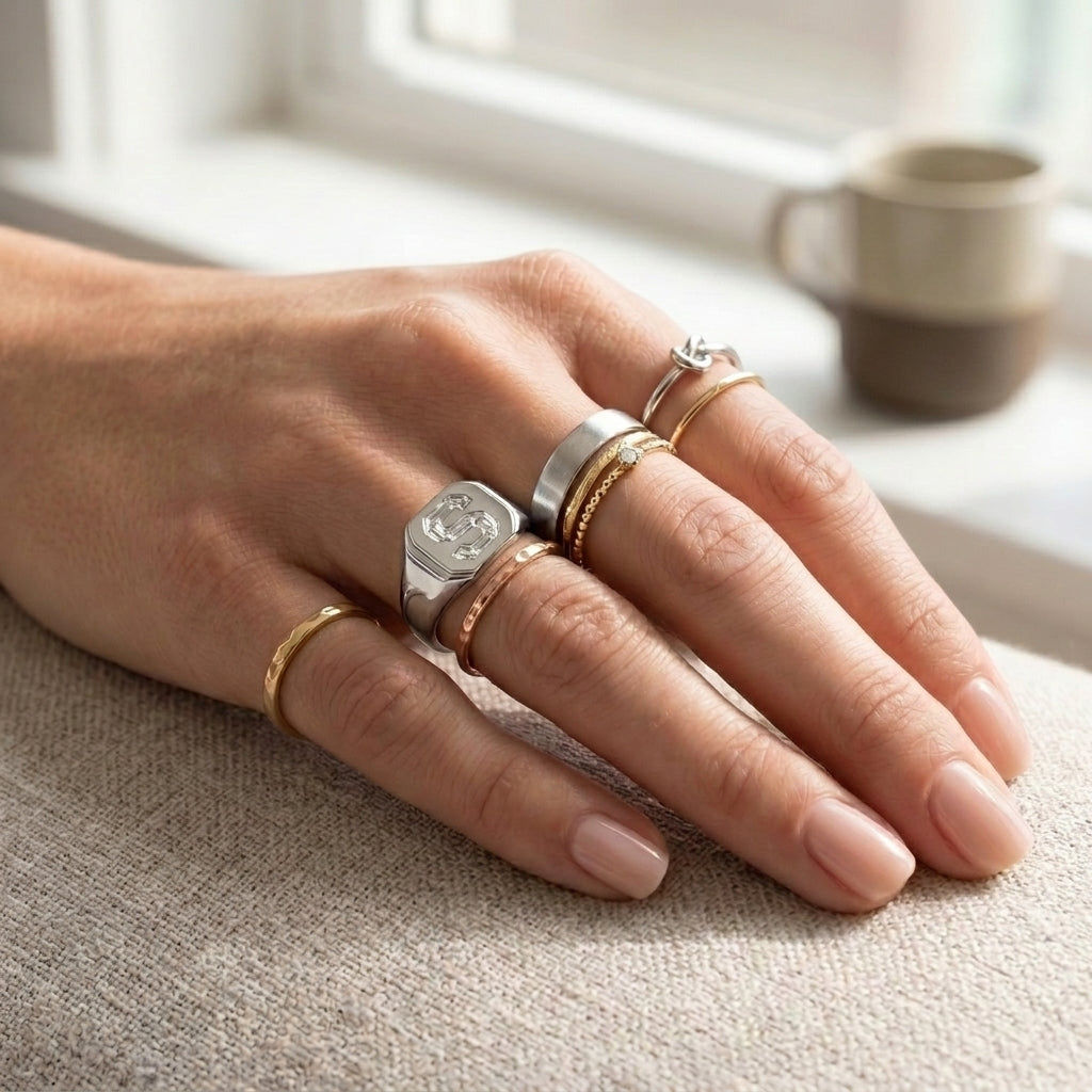 Women's Hexagon lab-grown diamond letter signet ring in 14K White Gold, letter S, worn on hand