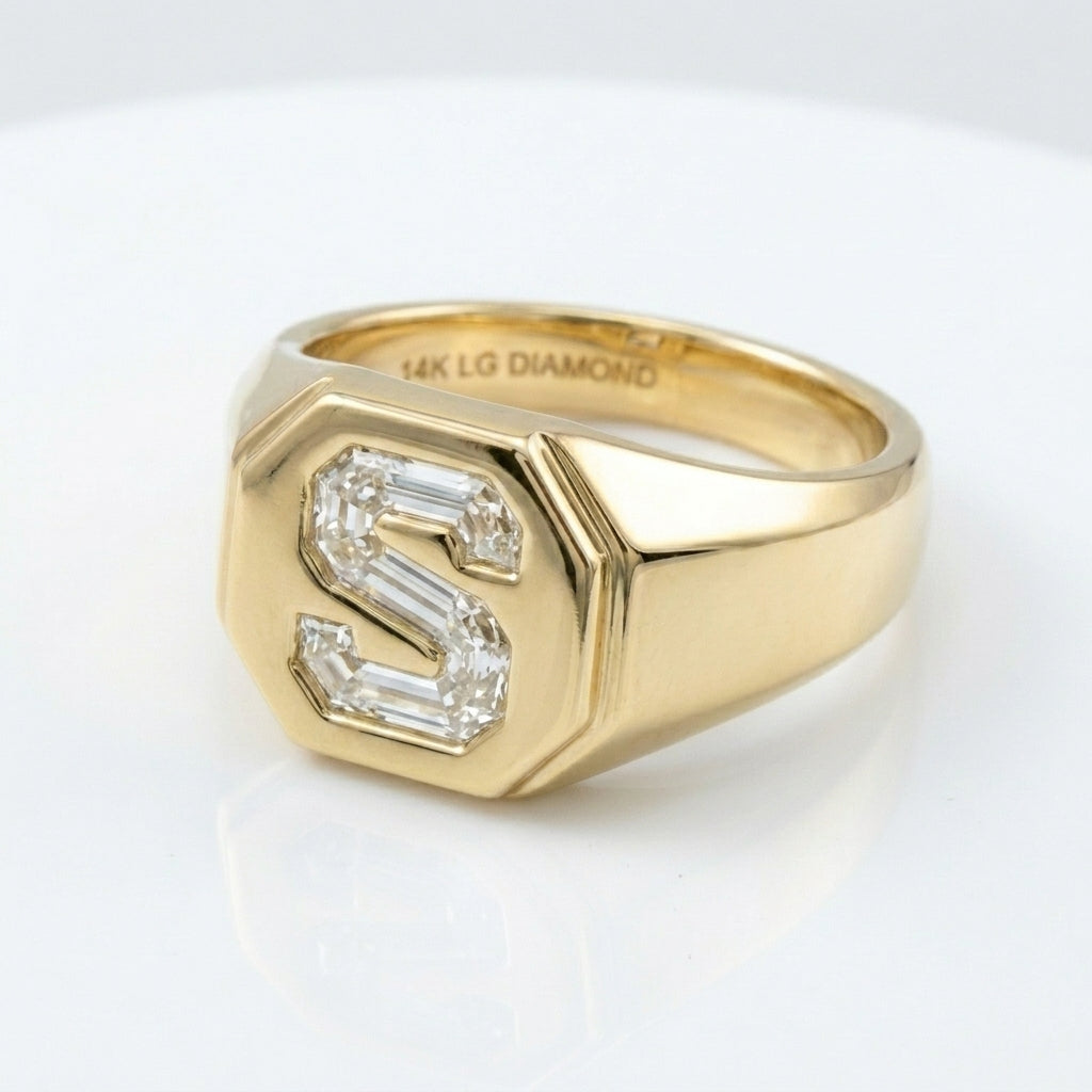 Women's Hexagon lab-grown diamond letter signet ring in 14K Yellow Gold, letter S, product photography