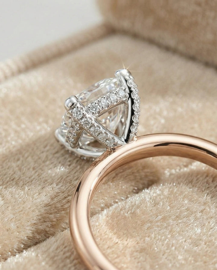Hidden Pavé Basket Crown Solitaire Cushion, in 14K Rose Gold, prong setting – detail view | RockHer