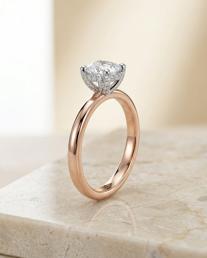 Hidden Pavé Basket Crown Solitaire Cushion, in 14K Rose Gold, prong setting – front view | RockHer