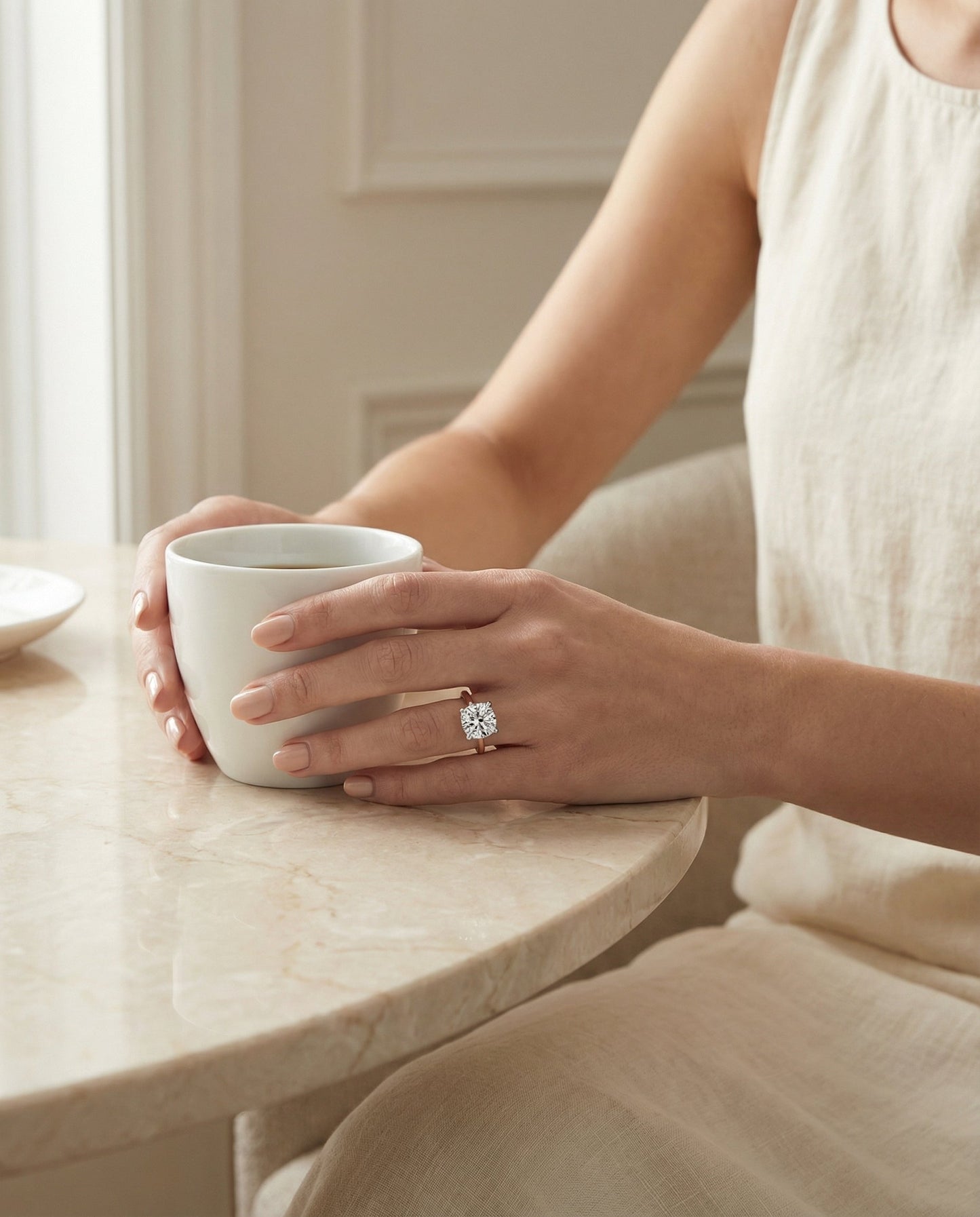 Hidden Pavé Basket Crown Solitaire Cushion, in 14K Rose Gold, prong setting – lifestyle shot | RockHer