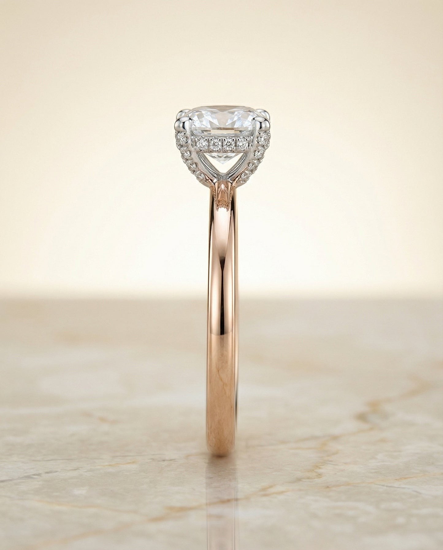 Hidden Pavé Basket Crown Solitaire Cushion, in 14K Rose Gold, prong setting – side profile | RockHer