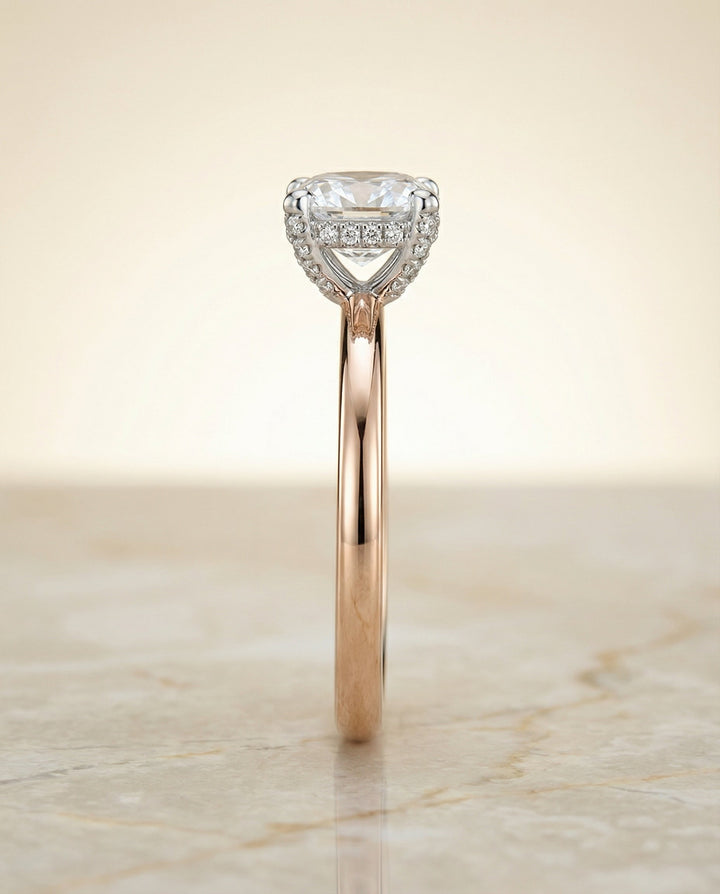 Hidden Pavé Basket Crown Solitaire Cushion, in 14K Rose Gold, prong setting – side profile | RockHer
