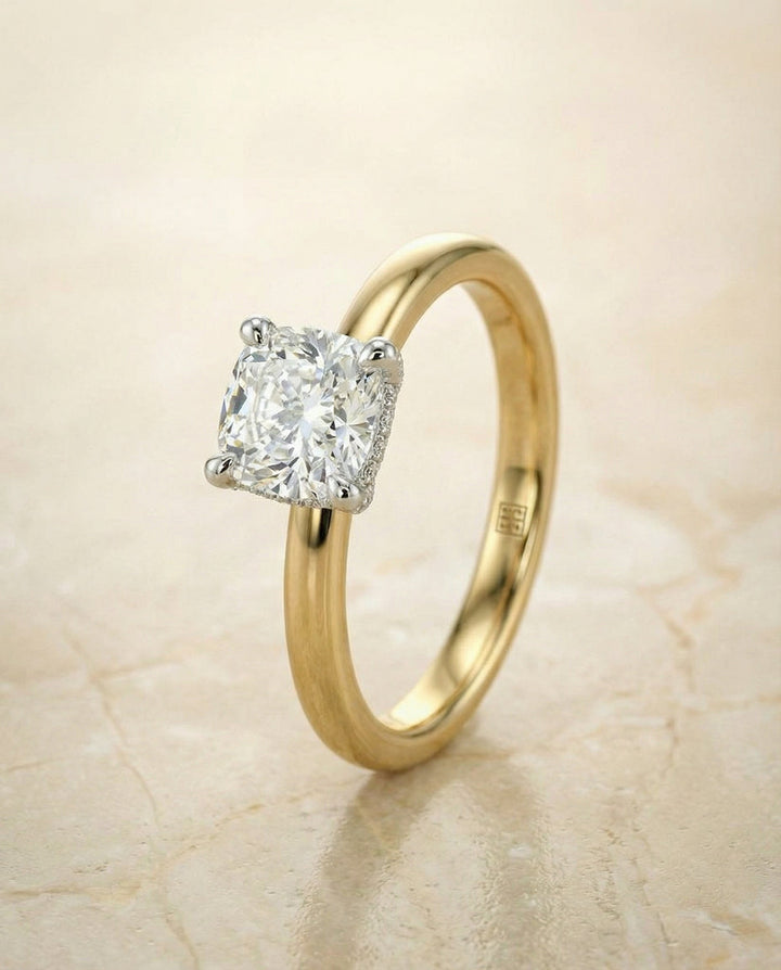 Hidden Pavé Basket Crown Solitaire Cushion, in 18K Yellow Gold – angled view | RockHer