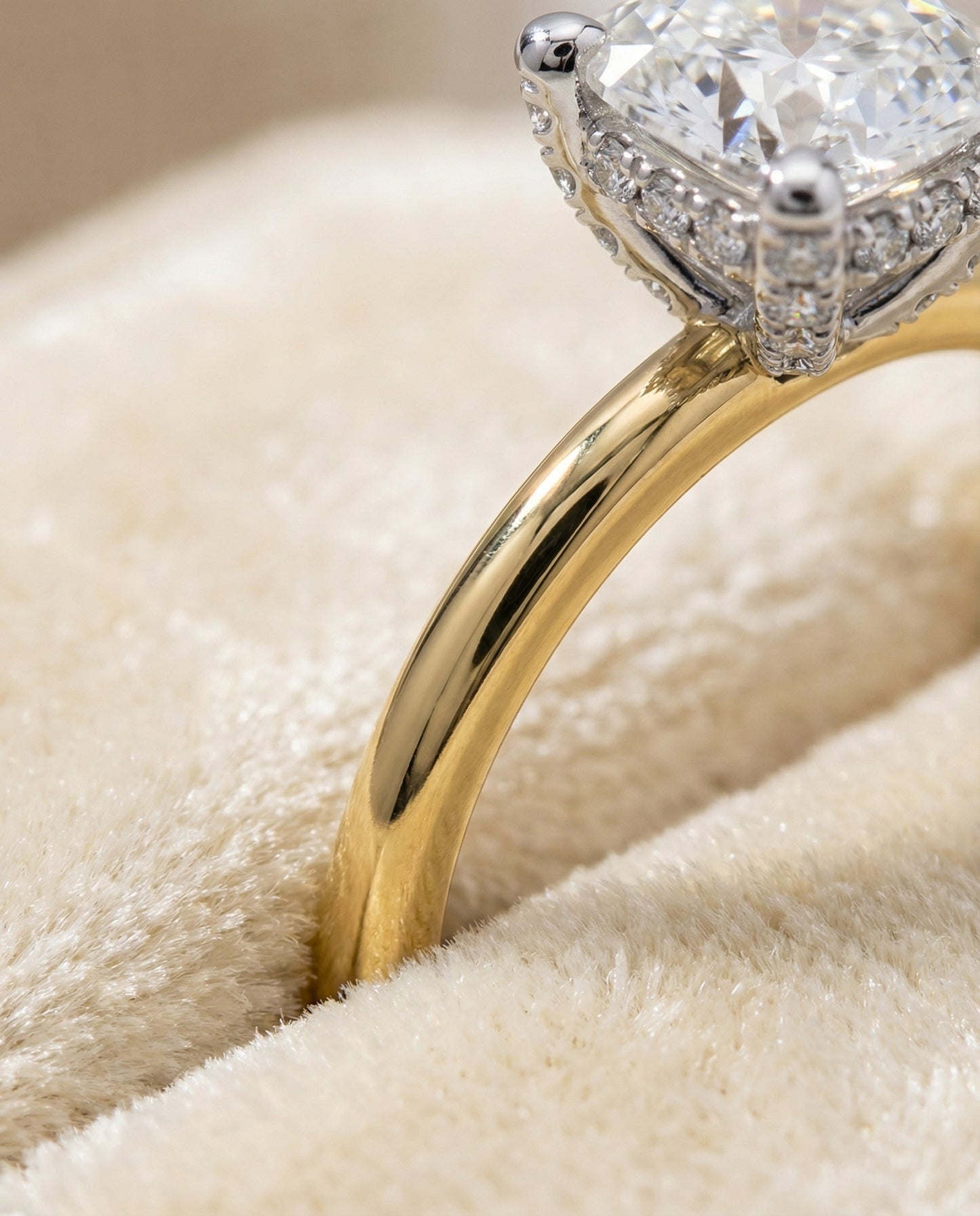Hidden Pavé Basket Crown Solitaire Cushion, in 18K Yellow Gold – detail view | RockHer