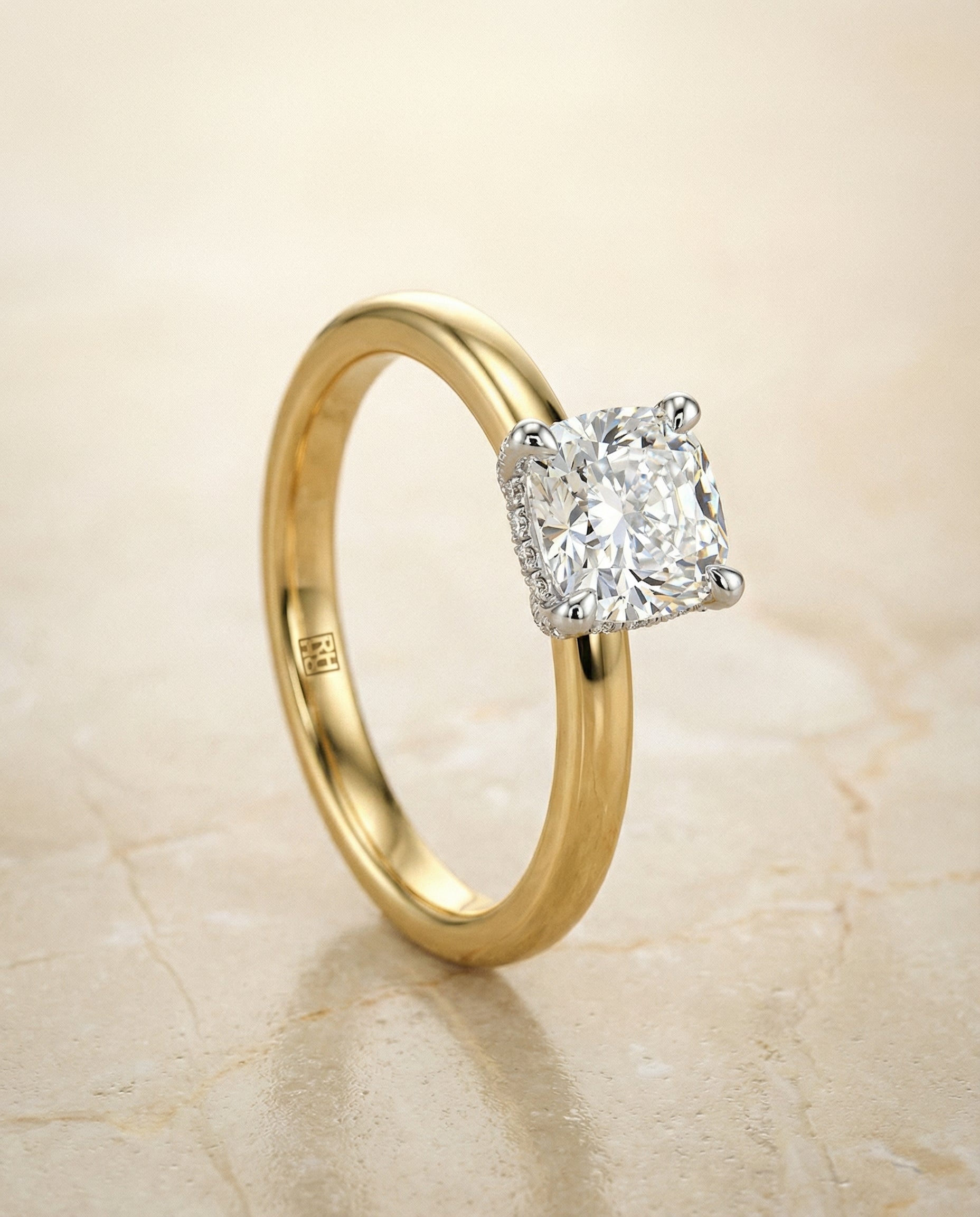 Hidden Pavé Basket Crown Solitaire Cushion, in 18K Yellow Gold – front view | RockHer