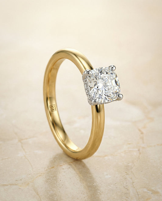 Hidden Pavé Basket Crown Solitaire Cushion, in 18K Yellow Gold – front view | RockHer