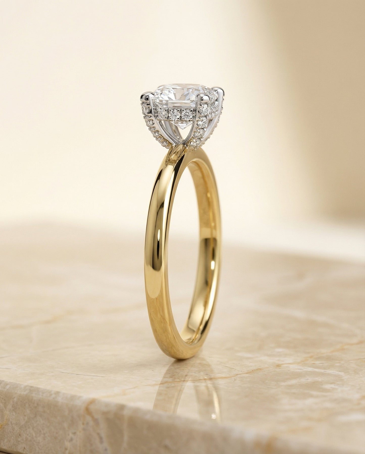 Hidden Pavé Basket Crown Solitaire Cushion, in 18K Yellow Gold – side profile | RockHer
