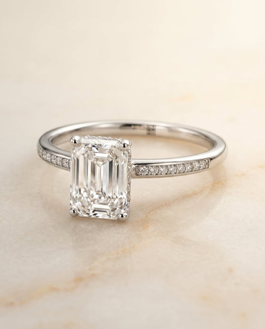 The Brenda Hidden Halo Solitaire Engagement Ring Setting for Emerald Cut Diamonds in Platinum | RockHer