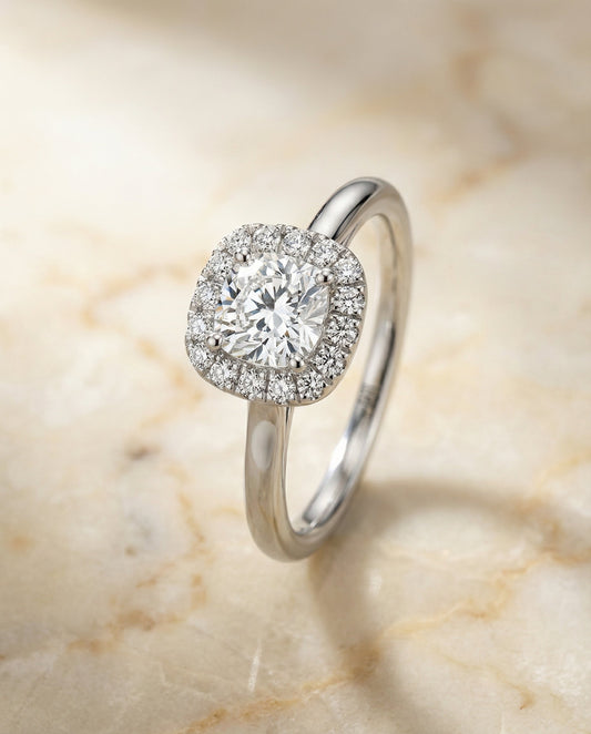High Polish Simple Halo Cushion, in 18K White Gold, prong setting – angled view | RockHer