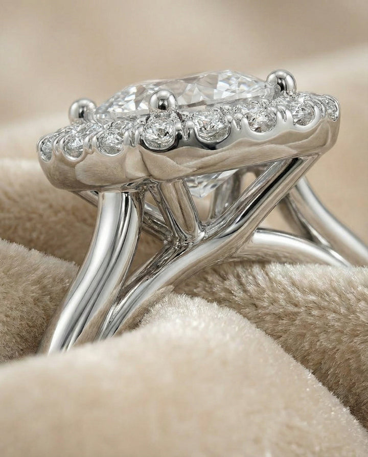 High Polish Simple Halo Cushion, in 18K White Gold, prong setting – detail view | RockHer