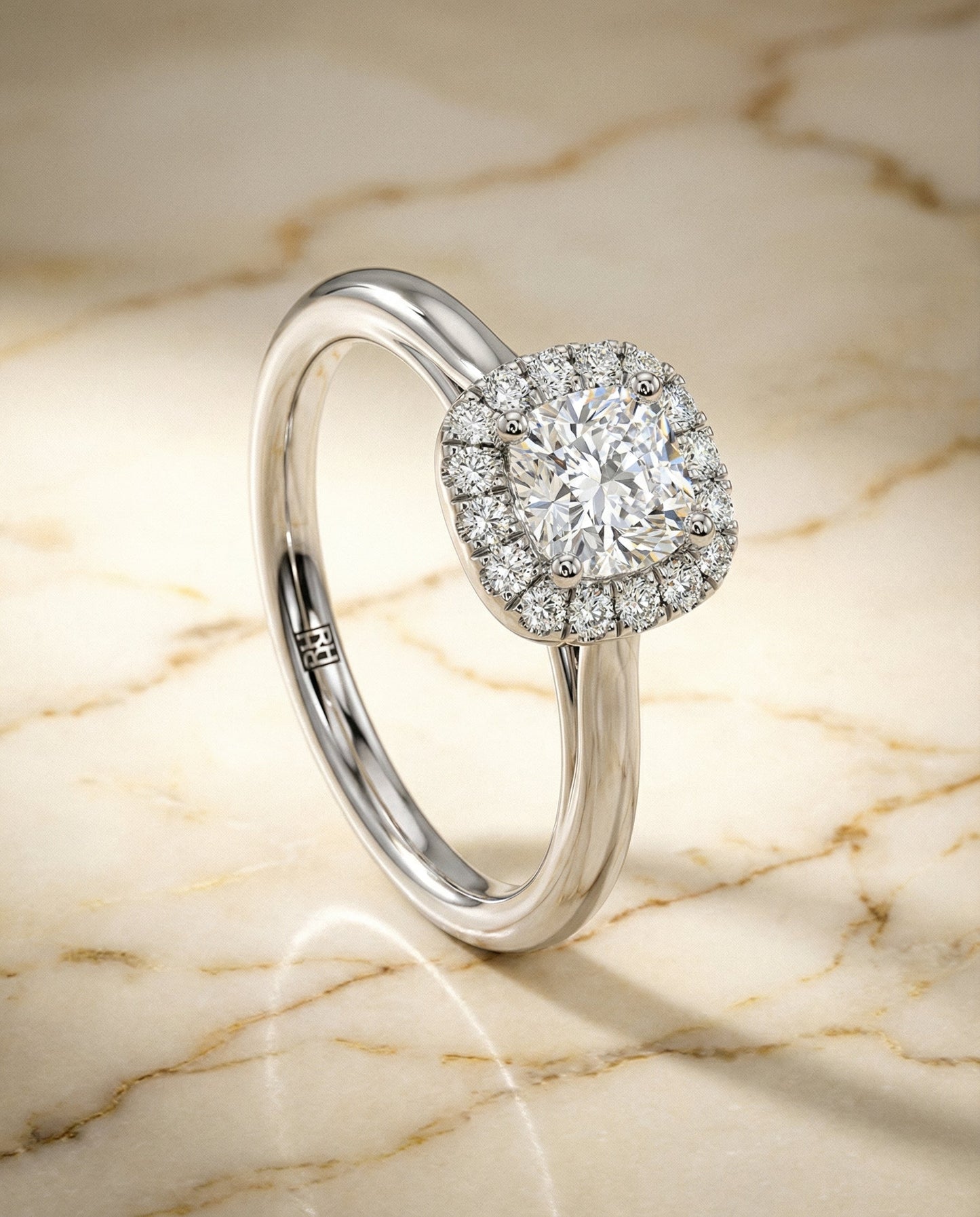 High Polish Simple Halo Cushion, in 18K White Gold, prong setting – front view | RockHer
