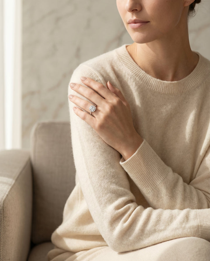 High Polish Simple Halo Cushion, in 18K White Gold, prong setting – lifestyle shot | RockHer