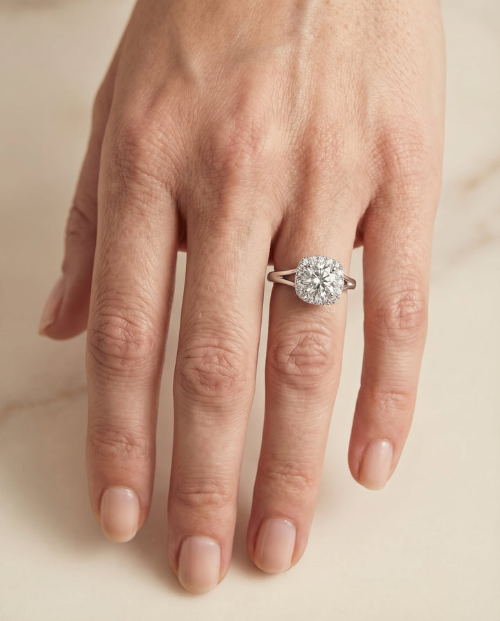 High Polish Simple Halo Cushion, in 18K White Gold, prong setting – lifestyle shot | RockHer