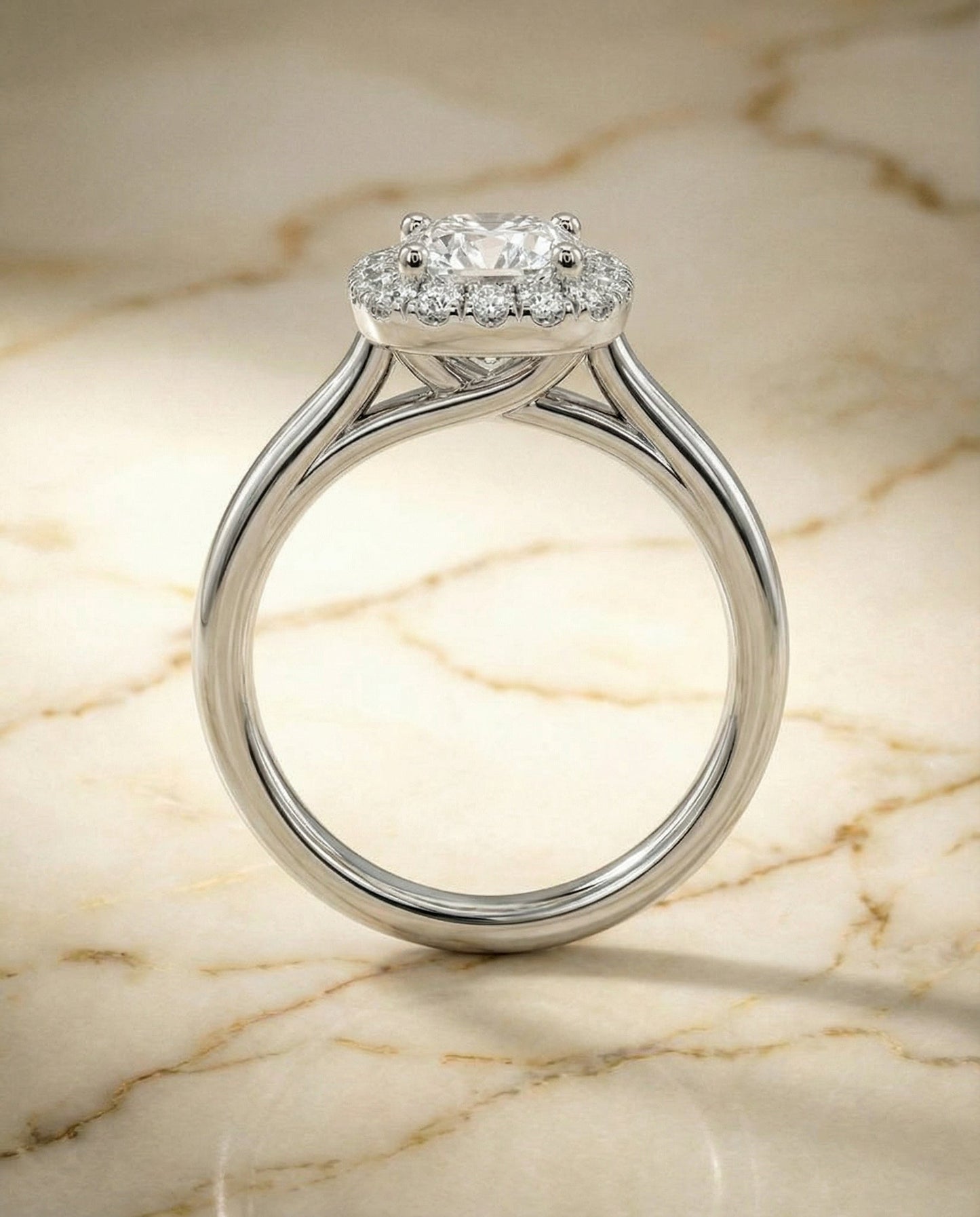 High Polish Simple Halo Cushion, in 18K White Gold, prong setting – side profile | RockHer