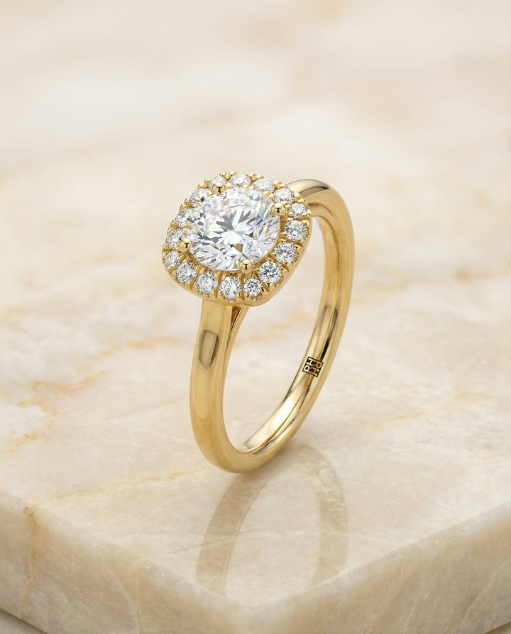 High Polish Simple Halo Cushion, in 18K Yellow Gold, prong setting – angled view | RockHer