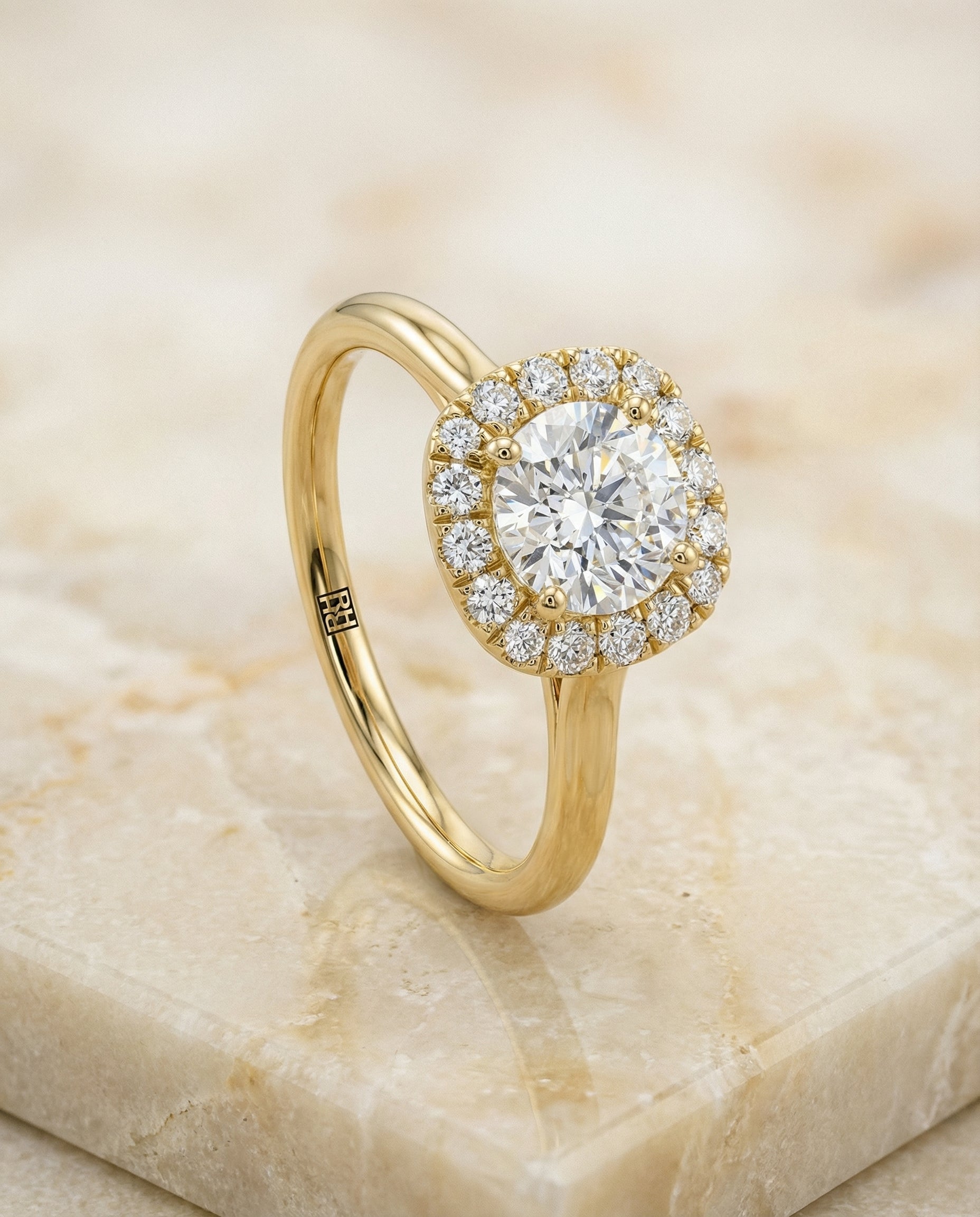High Polish Simple Halo Cushion, in 18K Yellow Gold, prong setting – front view | RockHer