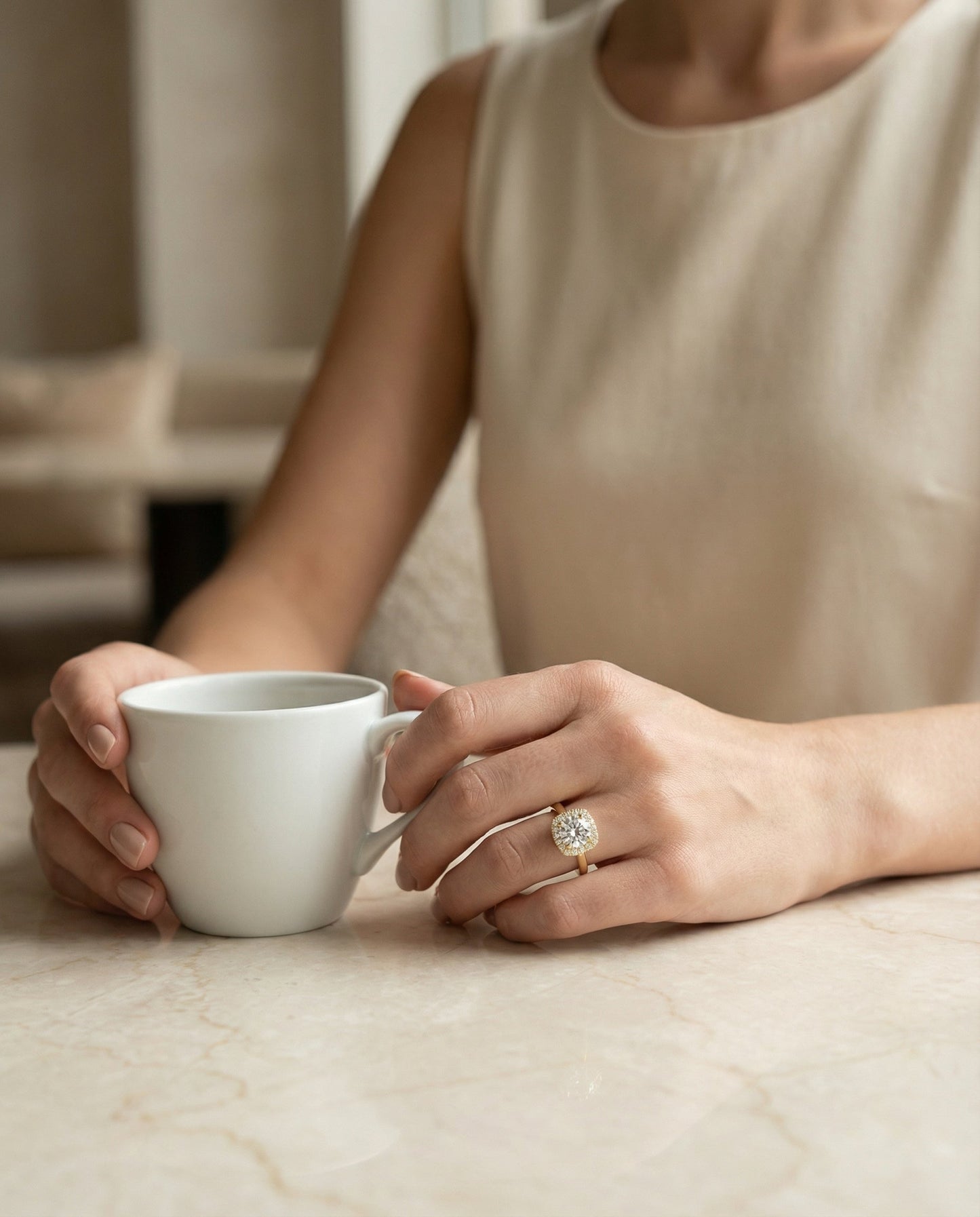 High Polish Simple Halo Cushion, in 18K Yellow Gold, prong setting – lifestyle shot | RockHer