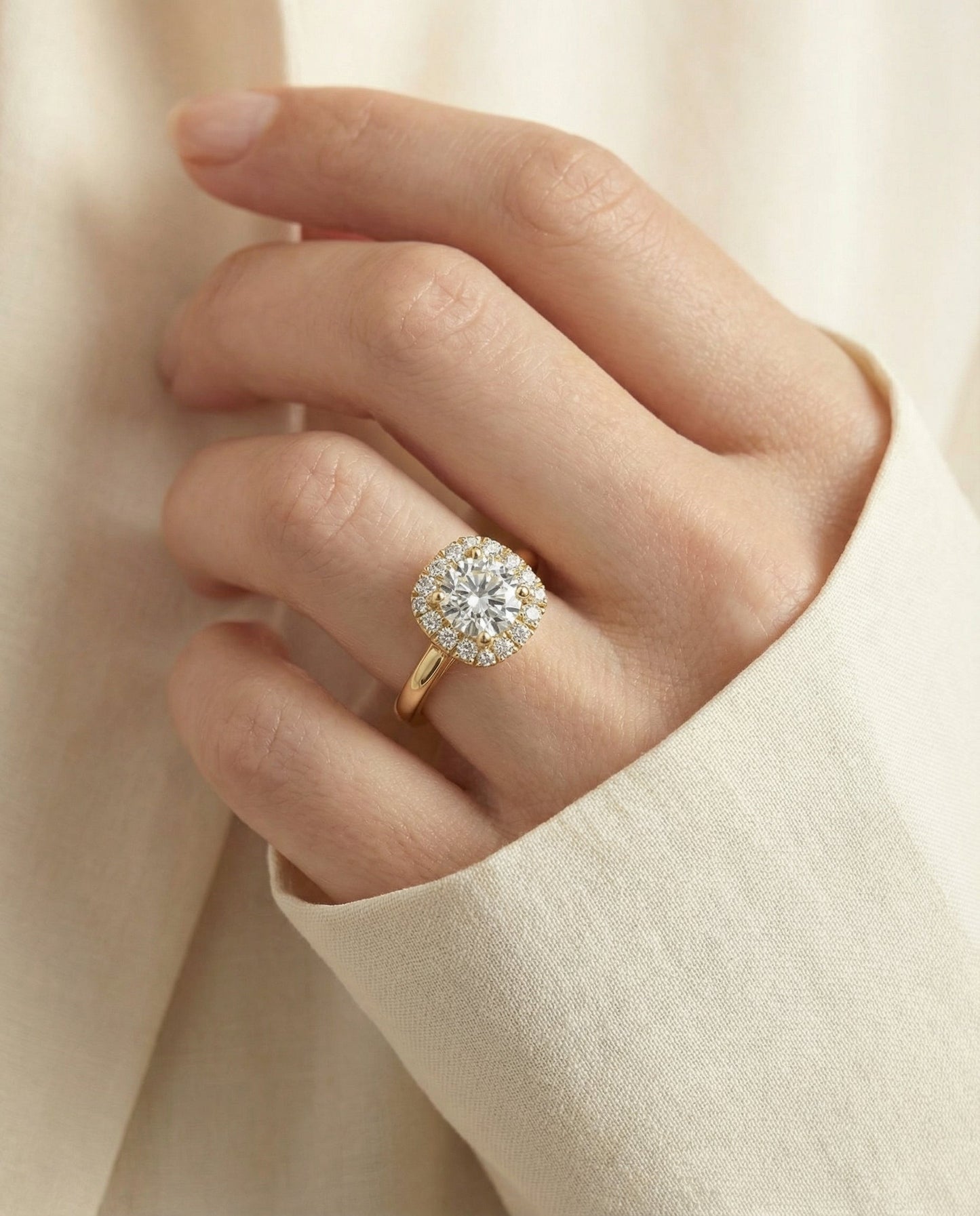 High Polish Simple Halo Cushion, in 18K Yellow Gold, prong setting – lifestyle shot | RockHer
