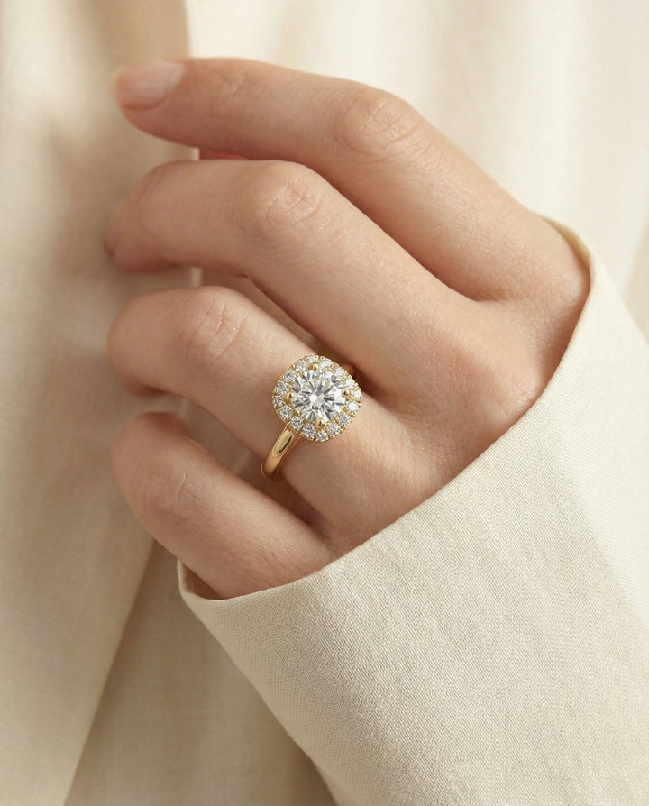 High Polish Simple Halo Cushion, in 18K Yellow Gold, prong setting – lifestyle shot | RockHer