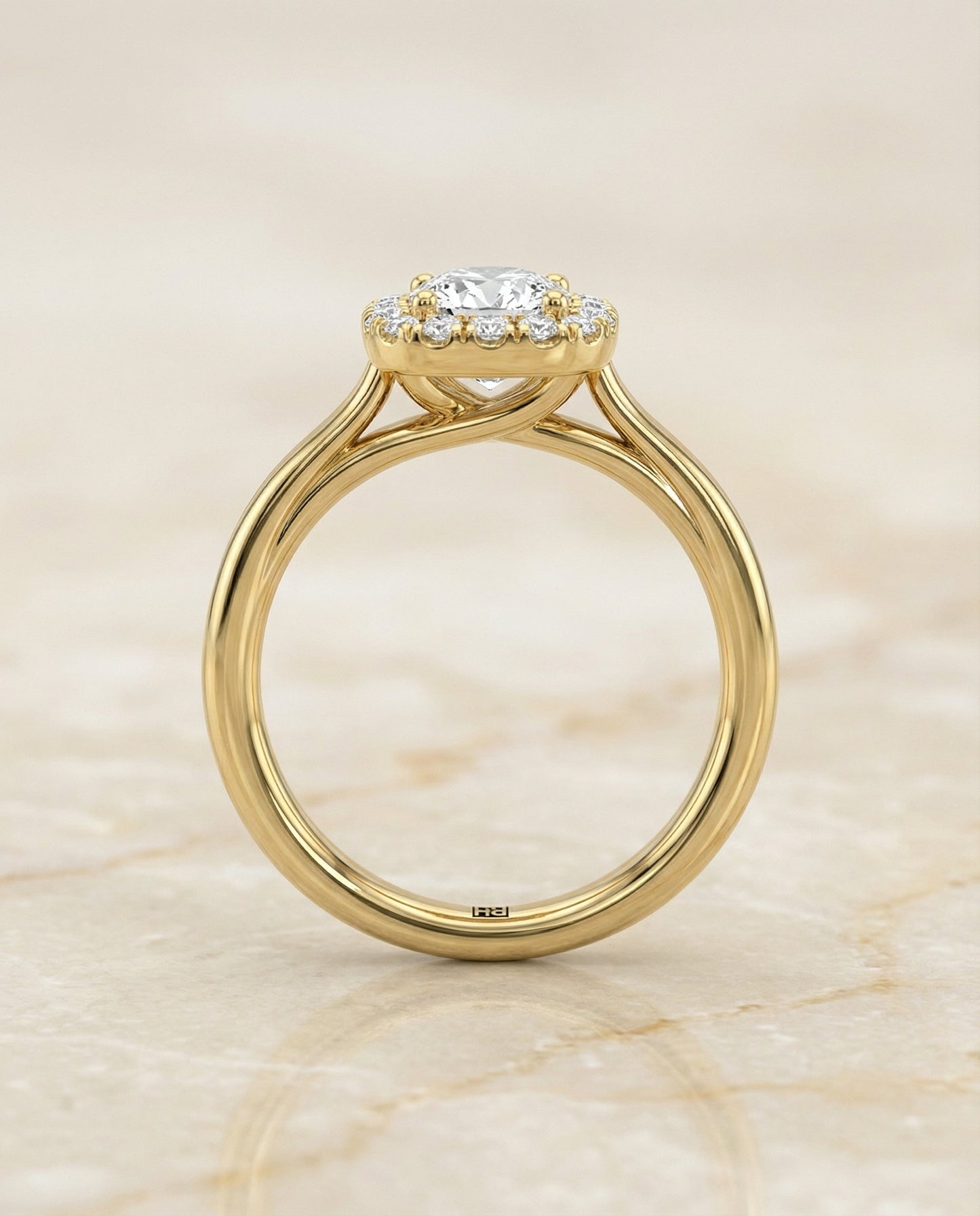 High Polish Simple Halo Cushion, in 18K Yellow Gold, prong setting – side profile | RockHer