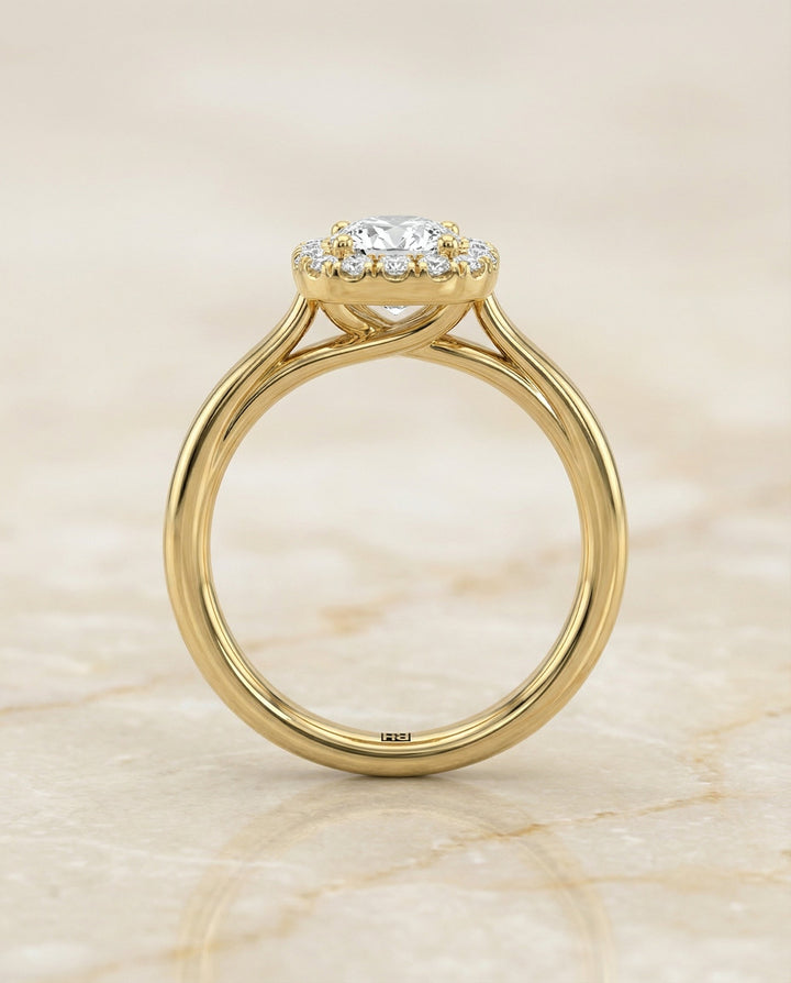 High Polish Simple Halo Cushion, in 18K Yellow Gold, prong setting – side profile | RockHer