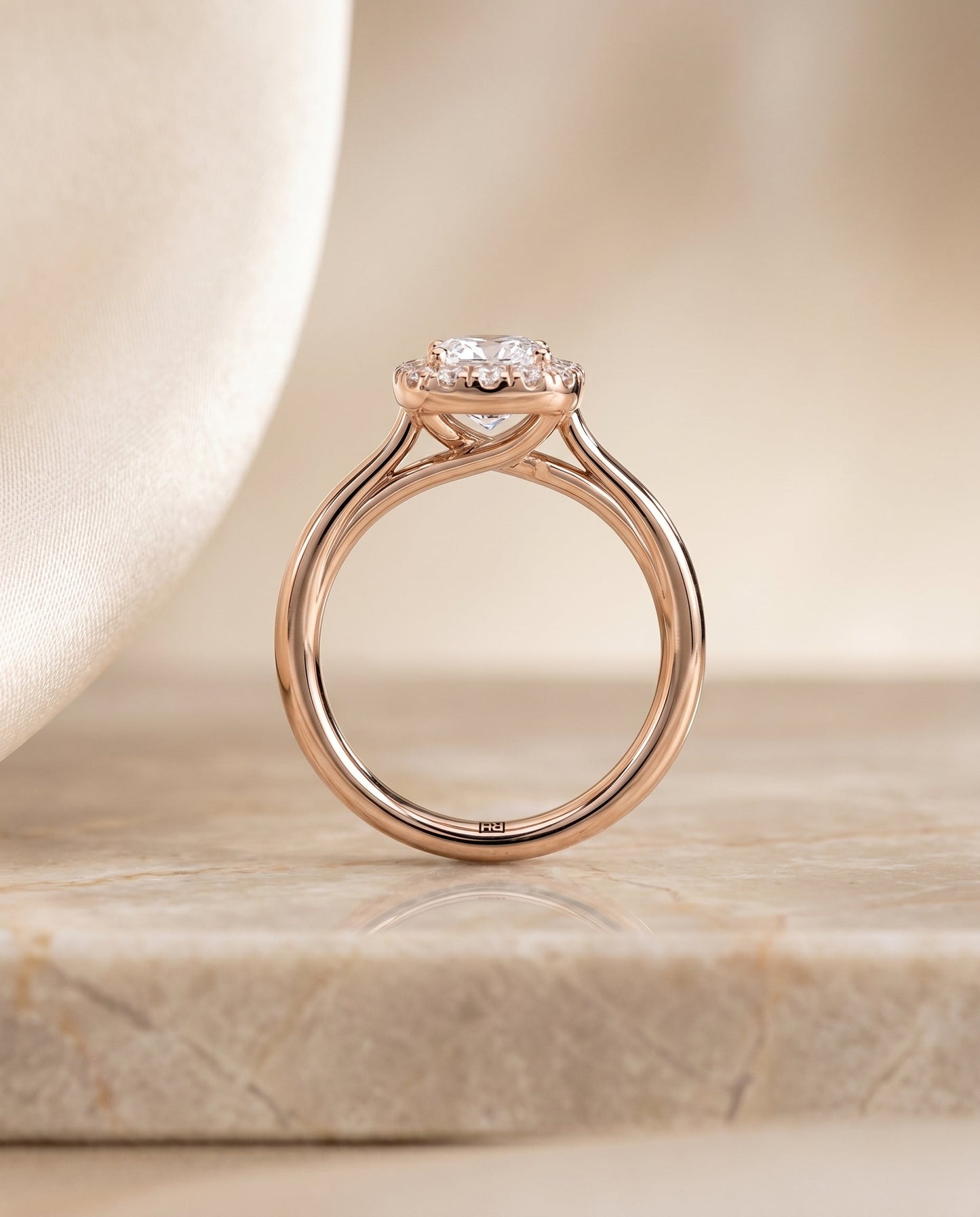 Cushion, High Polish Simple Halo, in 18K Rose Gold, prong setting – side profile | RockHer