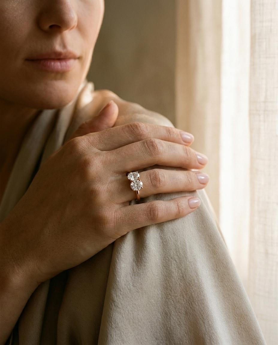 14K Rose Gold Jackie Select Toi et Moi Round & Oval Knife Edge Band Lab Diamond Engagement Ring - Lifestyle scene with hand model