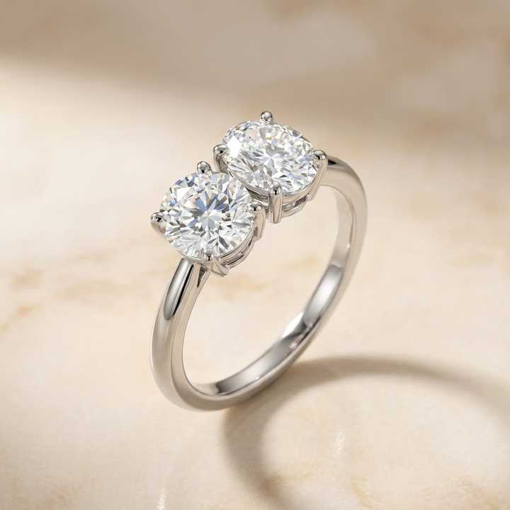 14K White Gold Jackie Select Toi et Moi Round & Oval Knife Edge Band Lab Diamond Engagement Ring - Alt angle on warm marble